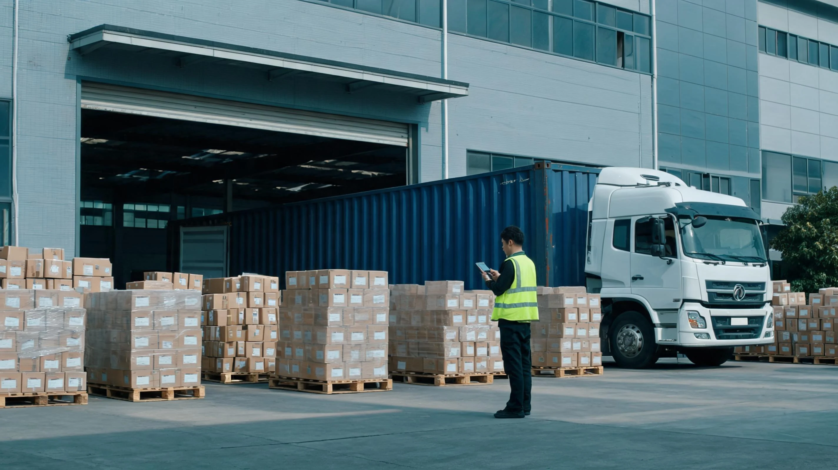 Bonded warehouse loading dock with palletised cargo and a container truck