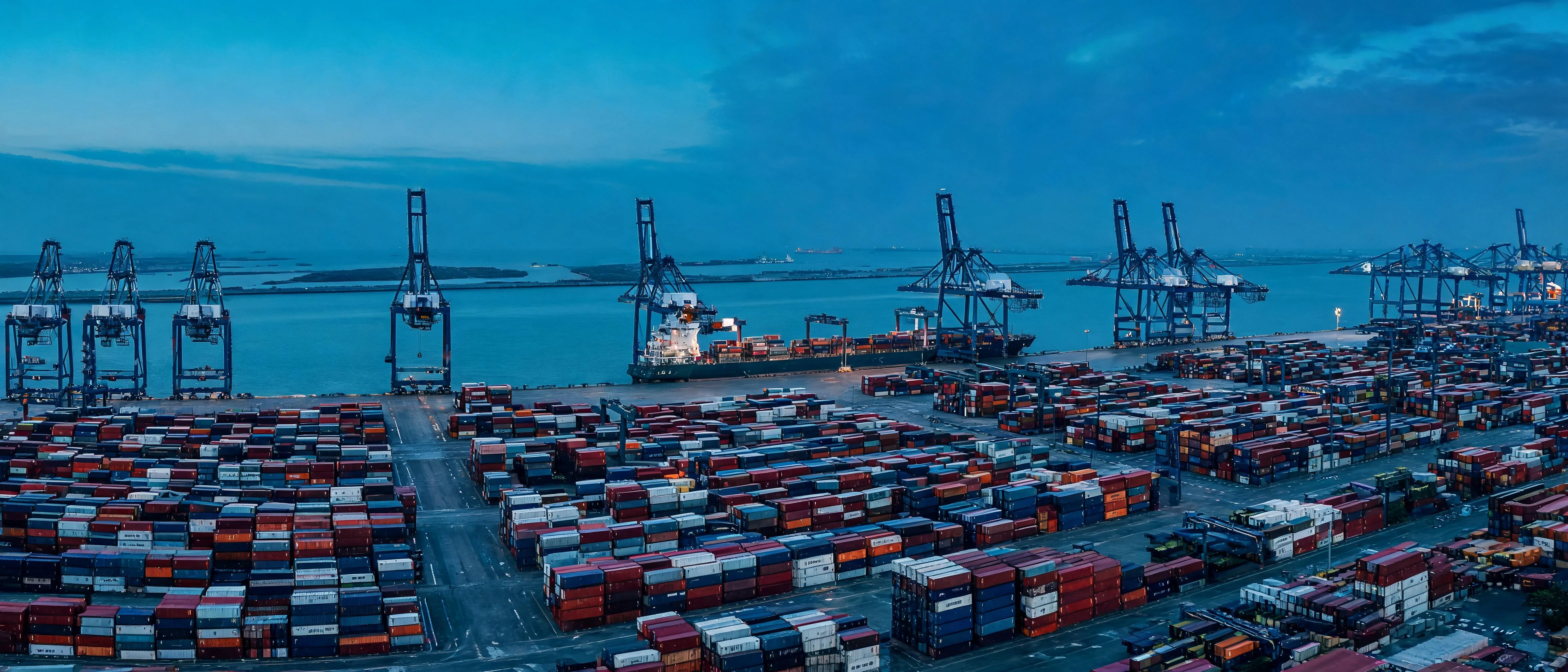 Container terminal at dusk with gantry cranes and a berthed vessel