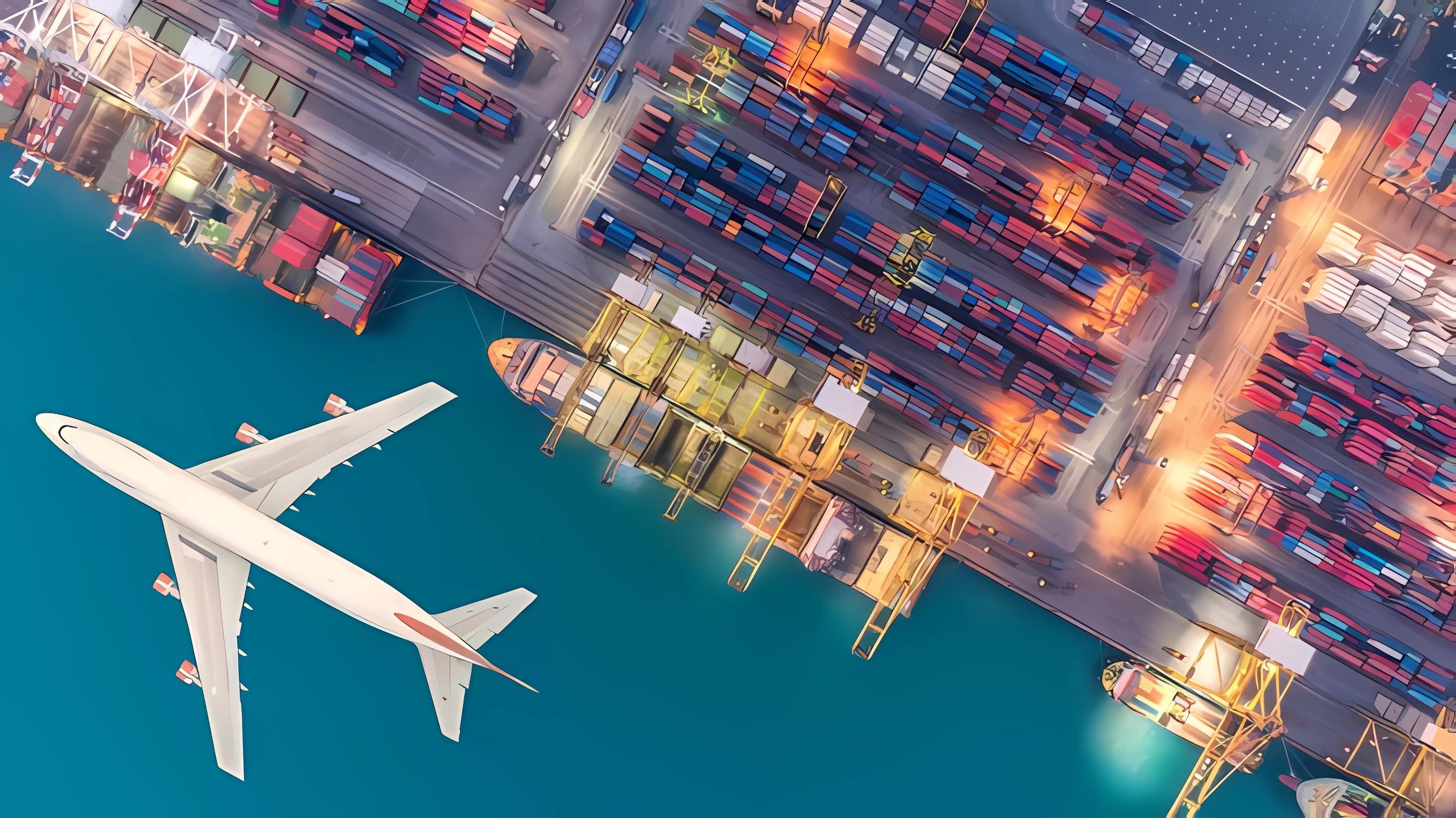 Aerial view of a container terminal with a berthed vessel and a cargo aircraft overhead