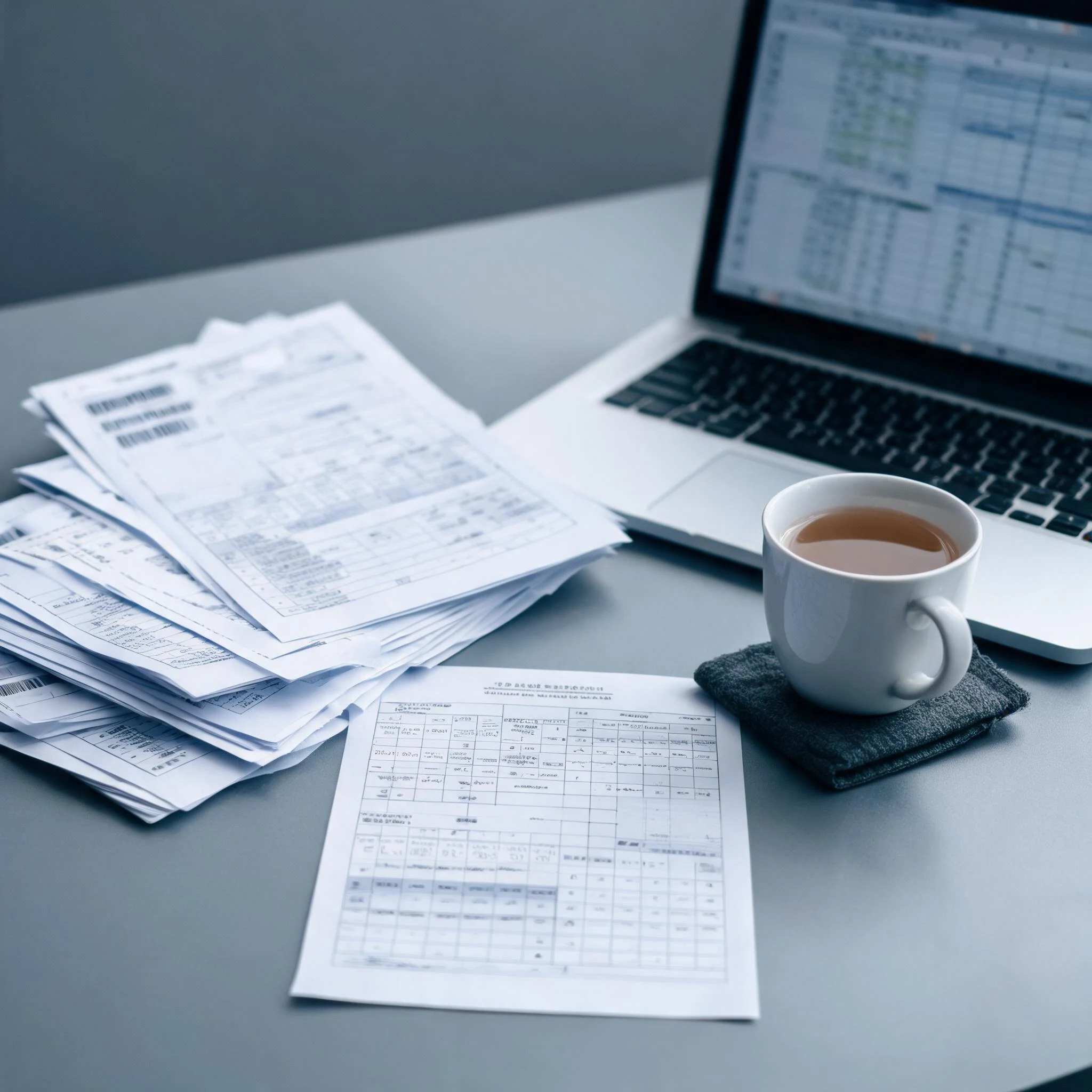 Customs documentation desk with bills of lading and a laptop