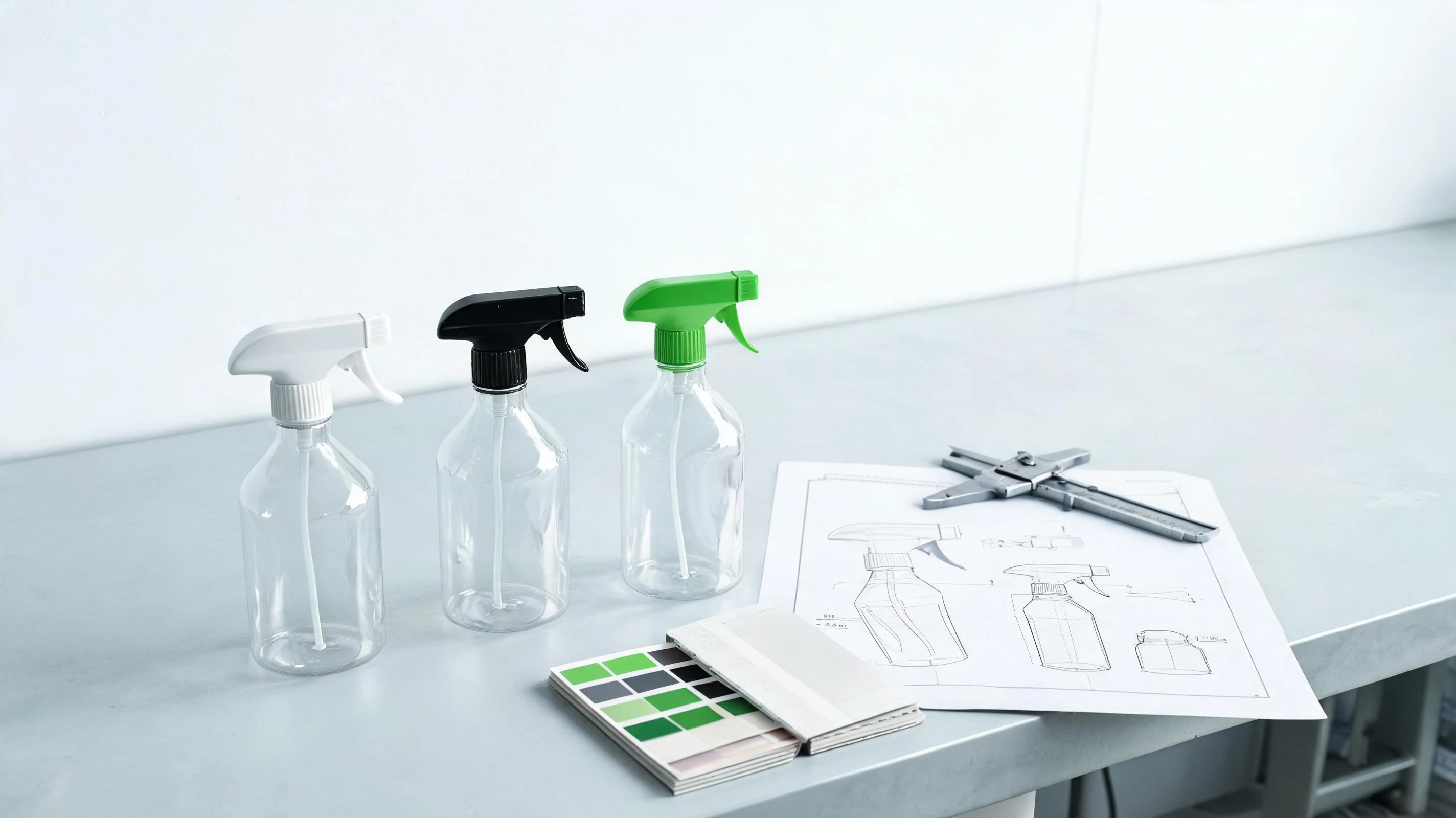 Trigger spray bottles beside a technical drawing and colour swatches