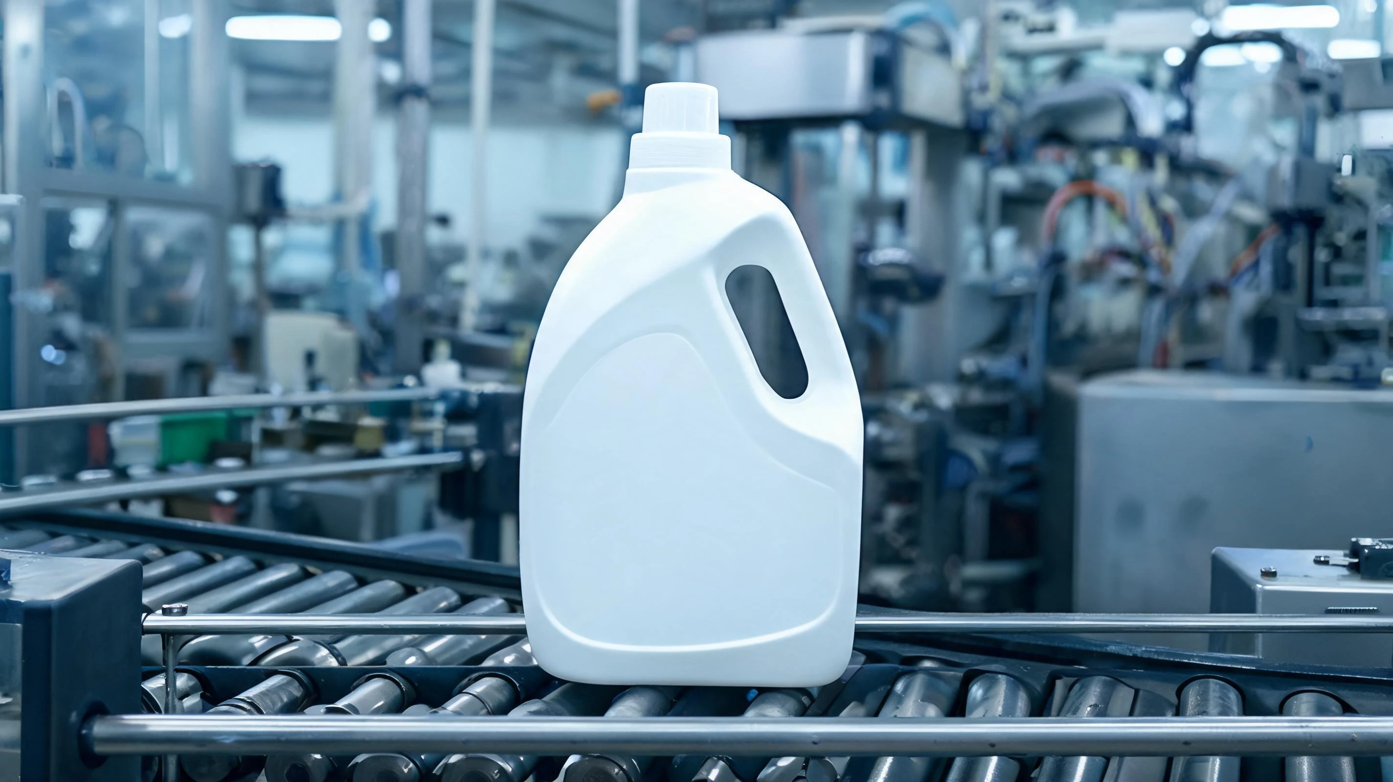 Three-litre laundry bottle with handle on a filling line