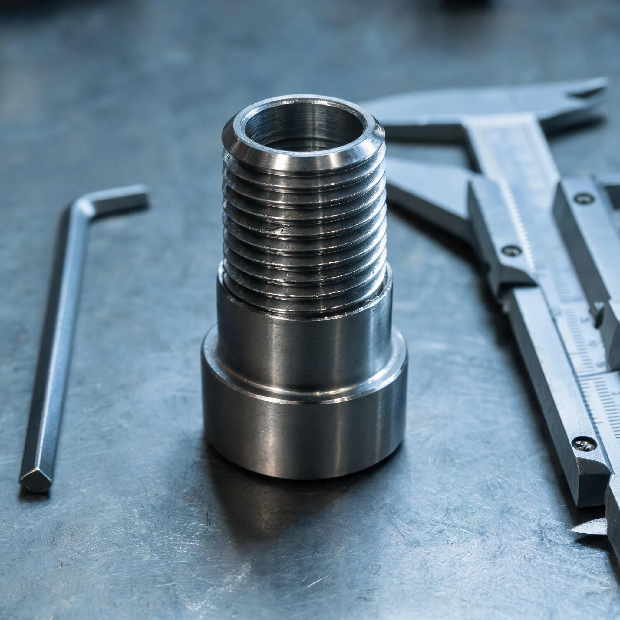 Insert de goulot en acier usiné pour un moule de flacon, sur un établi d'outillage