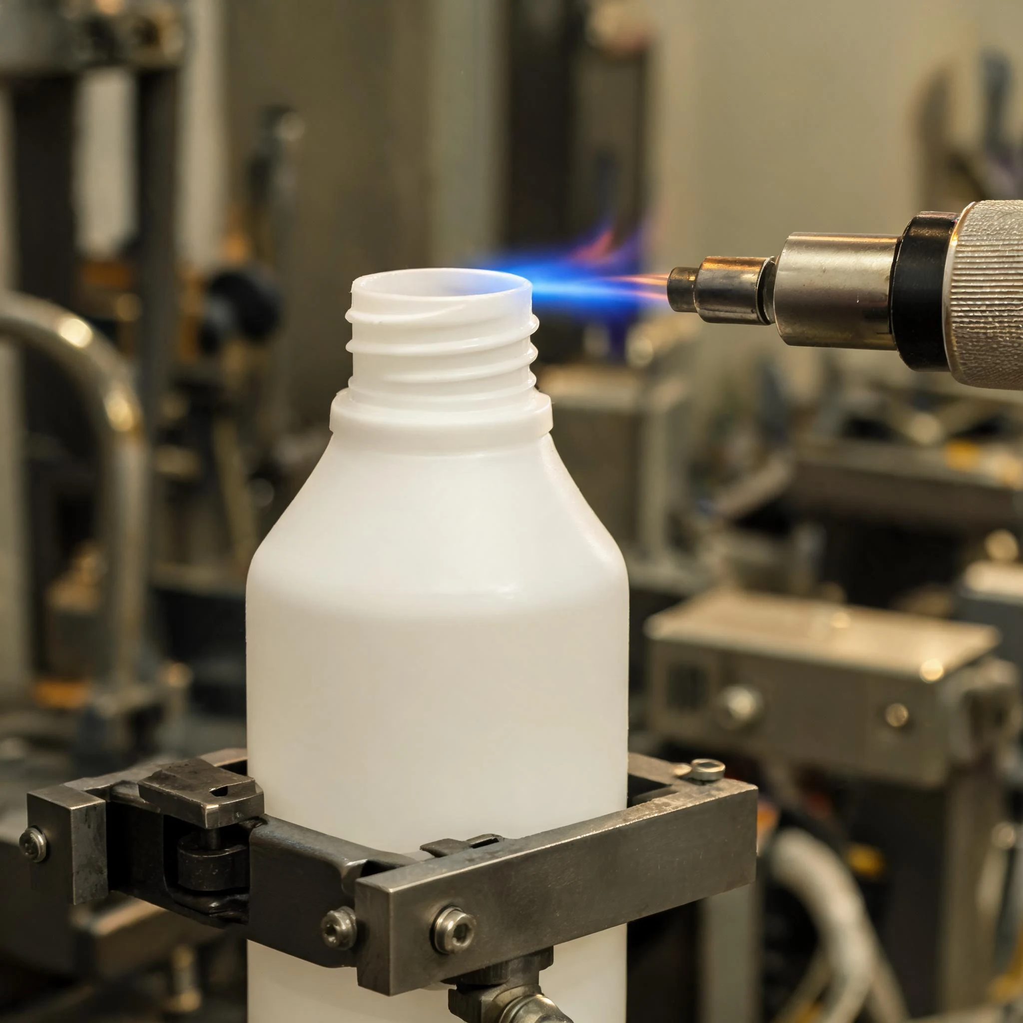Flame polishing the neck of a blow-moulded bottle at a finishing station