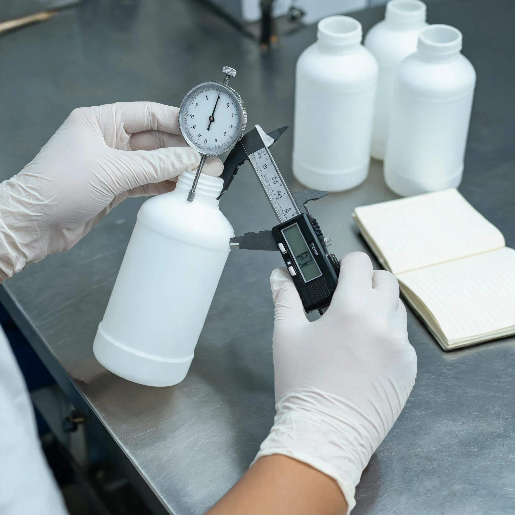 Inspector measuring bottle wall thickness with a dial gauge and caliper