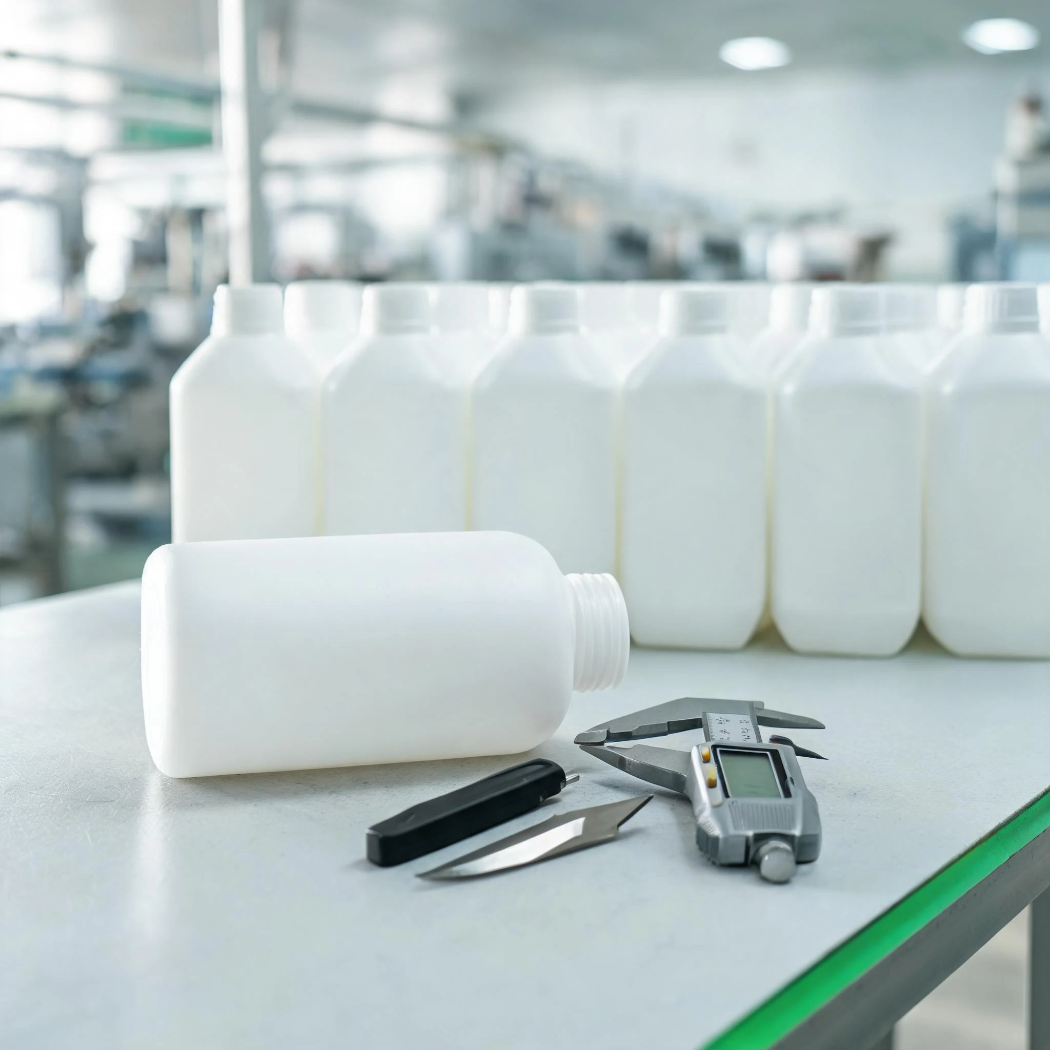 White HDPE bottles inspected for burrs at the neck and base