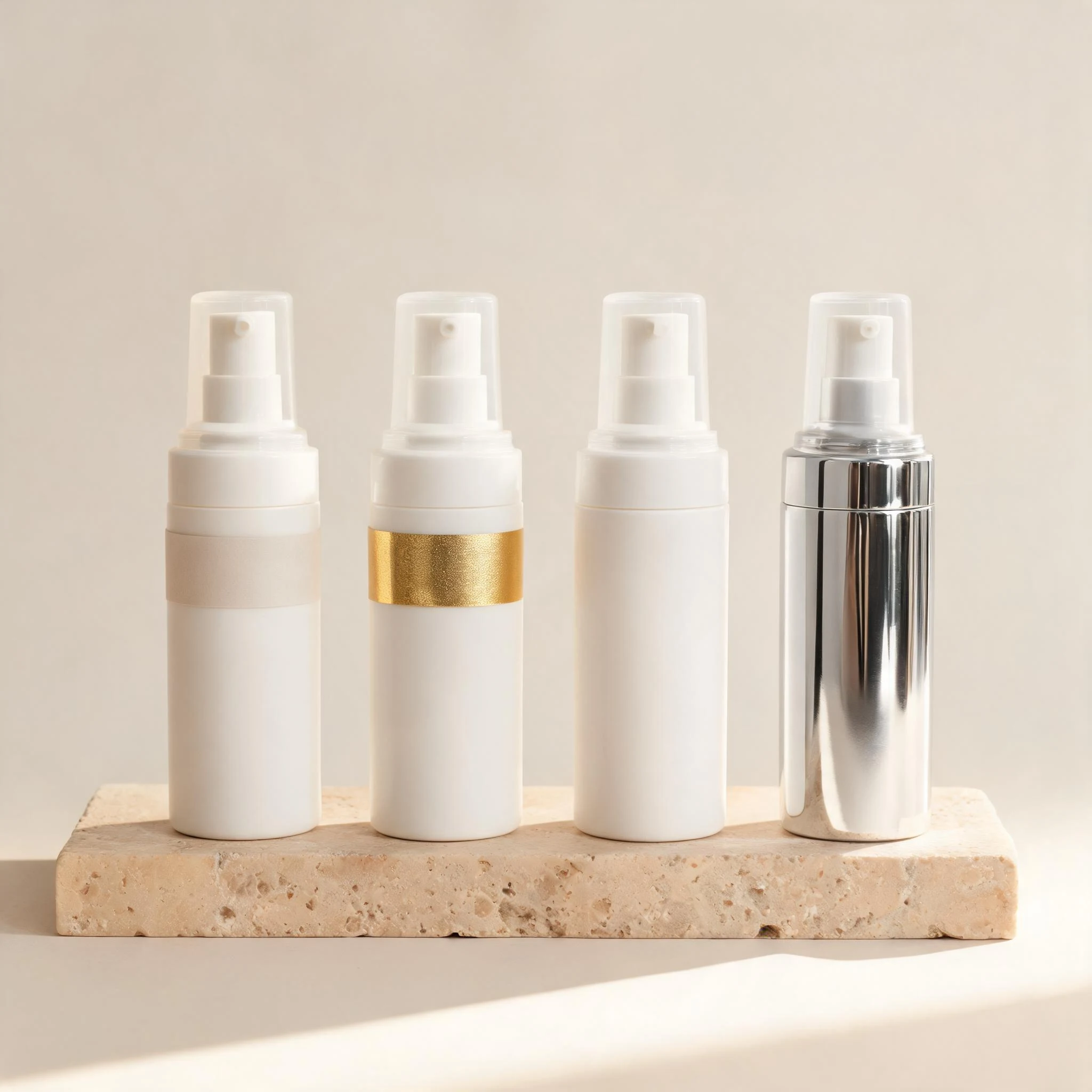 Four cosmetic bottle decoration options: screen print, hot stamping, soft touch coating and metallising