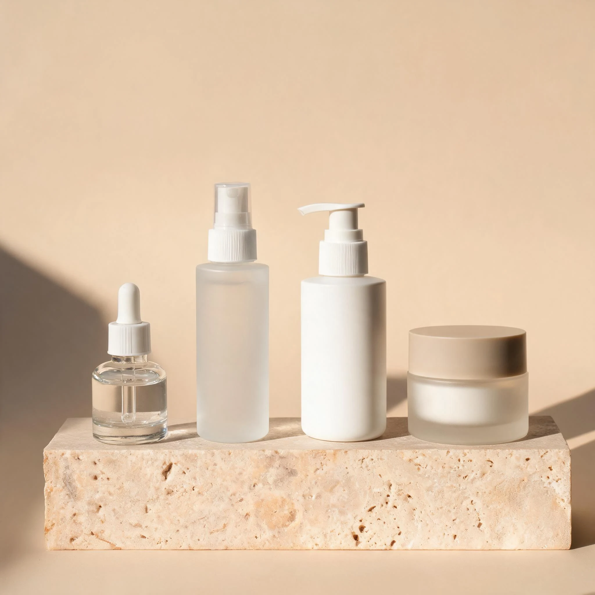 Cosmetic pack formats: dropper serum bottle, fine mist bottle, lotion pump bottle and cream jar