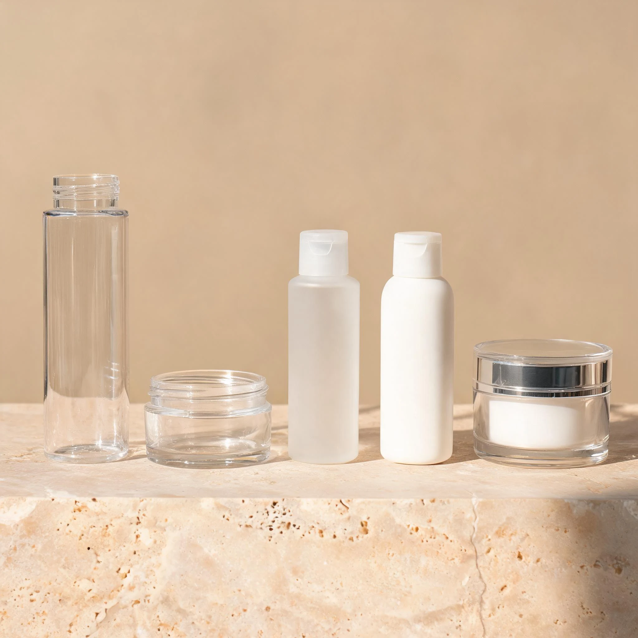 PET, PETG, PP, HDPE and acrylic cosmetic containers compared side by side