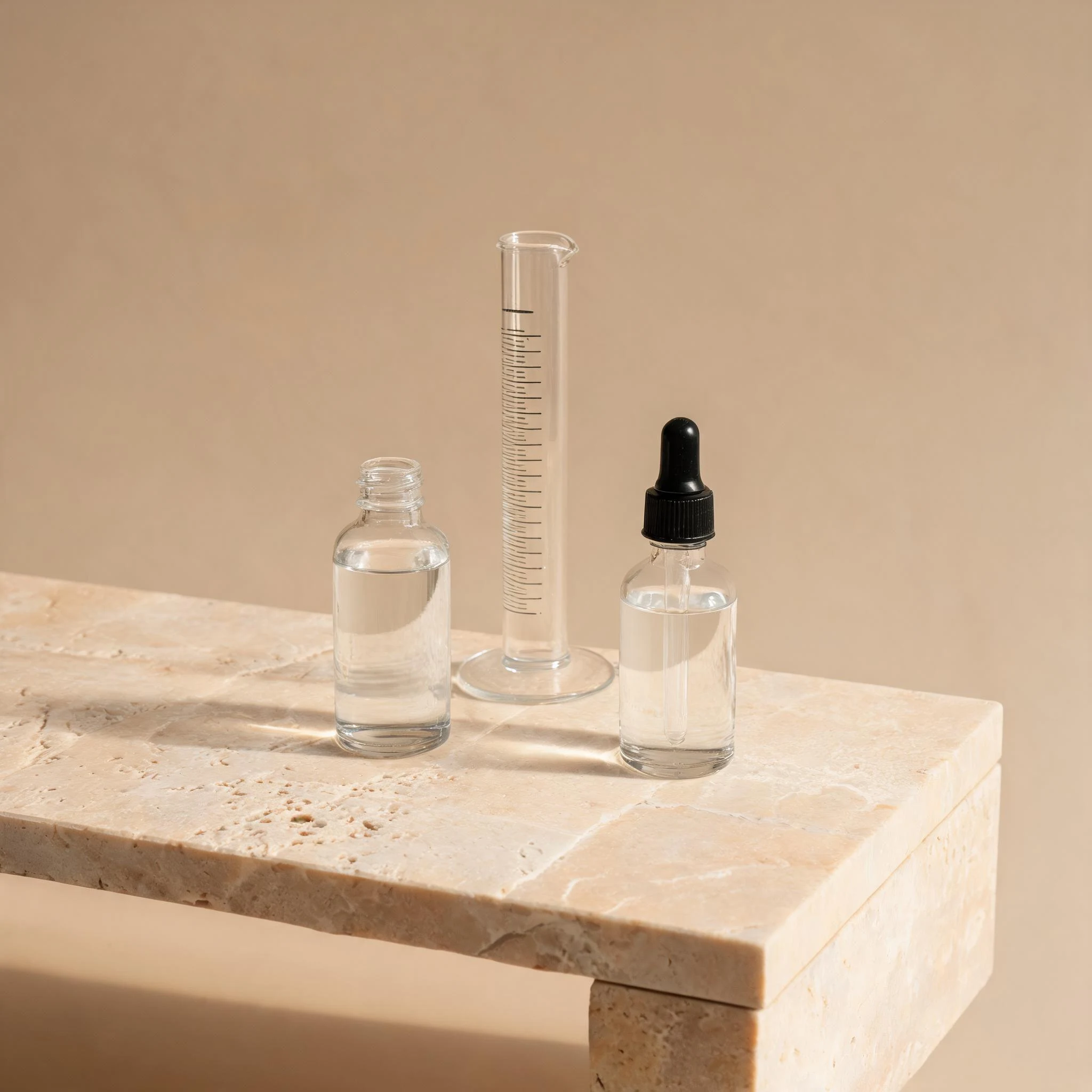 Checking the fill line and headspace of a 30 ml cosmetic bottle with a graduated cylinder