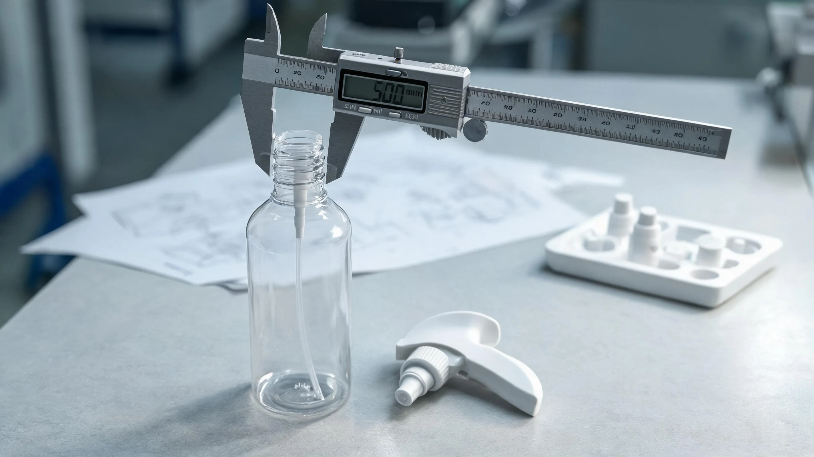 Goulot de flacon spray mesuré au pied à coulisse