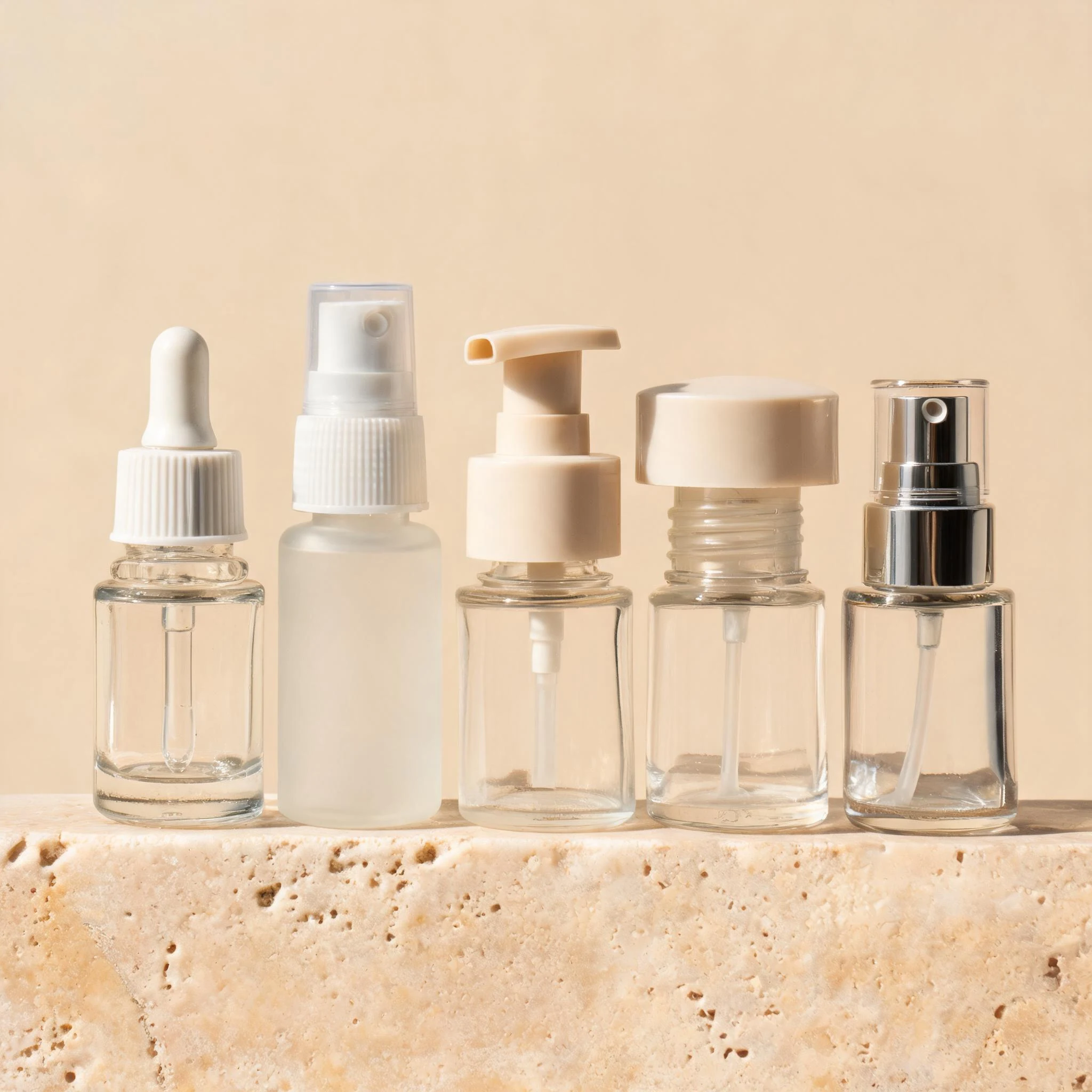 Cosmetic neck finishes with dropper, mist sprayer, lotion pump, disc top and crimp pump closures